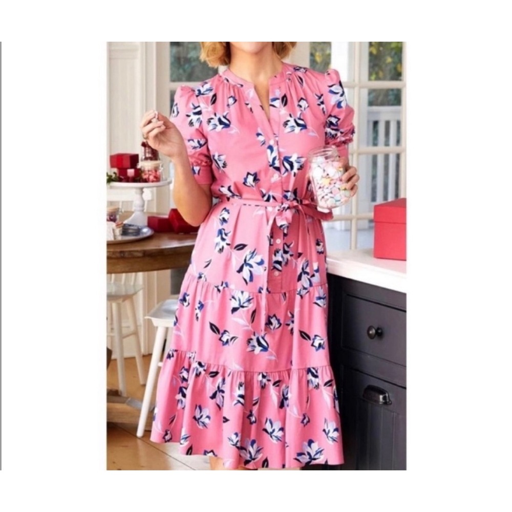 Draper James Floral Tiered Midi Dress Pink‎ medium Puff Sleeve Cotton Belted
